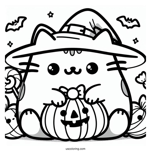 Pusheen With Halloween Candy Coloring Sheet