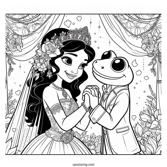 Easy Coloring Sheet Of Tiana And Naveen Wedding