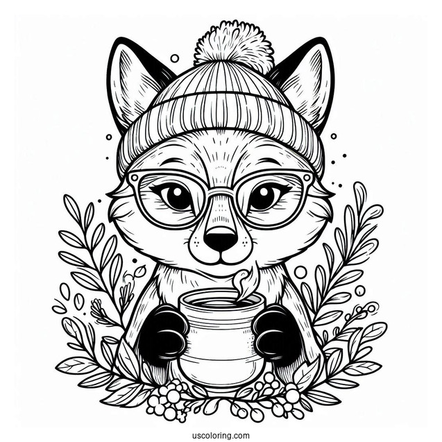 Smart Fox With A Beanie And Glasses Drinking Tea