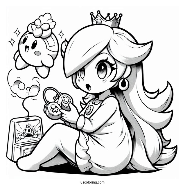 Rosalina Coloring Page Playing Video Game With Luma Watching