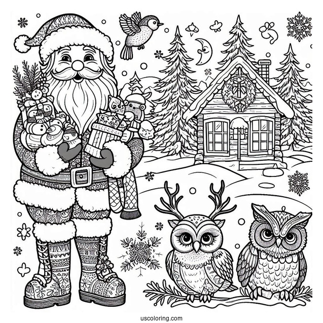 Christmas Coloring Pages For Adults Of Santa Claus Outdoors With Owls, Deer, Birds, And Squirrels