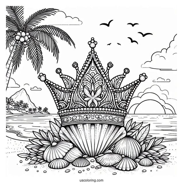 Seashell Crown Coloring Page on a Tropical Beach