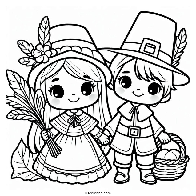 Adorable Girl And Boy Pilgrim Coloring Page