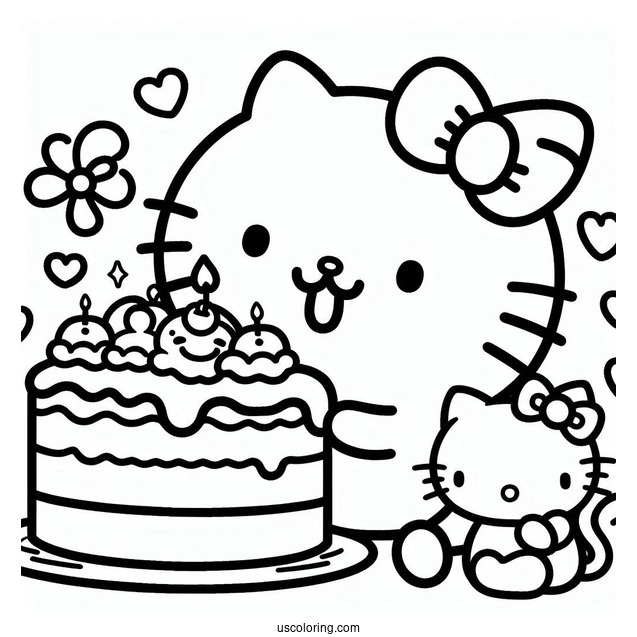 Pompompurin Eating Cake With Hello Kitty Coloring Sheet