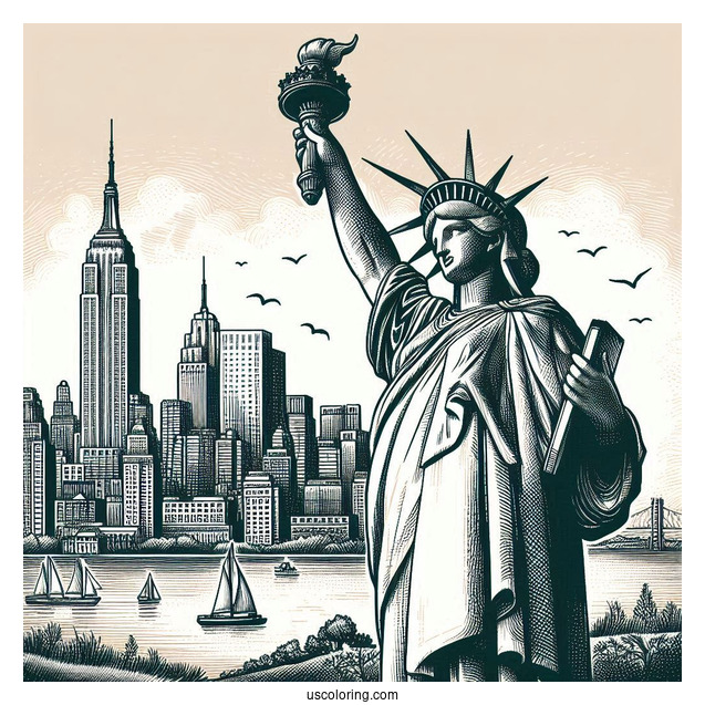 Vintage Statue Of Liberty With New York Coloring Page