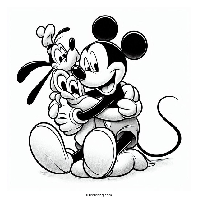 Mickey Mouse Hugging Pluto Coloring Page With Goofy In The Back