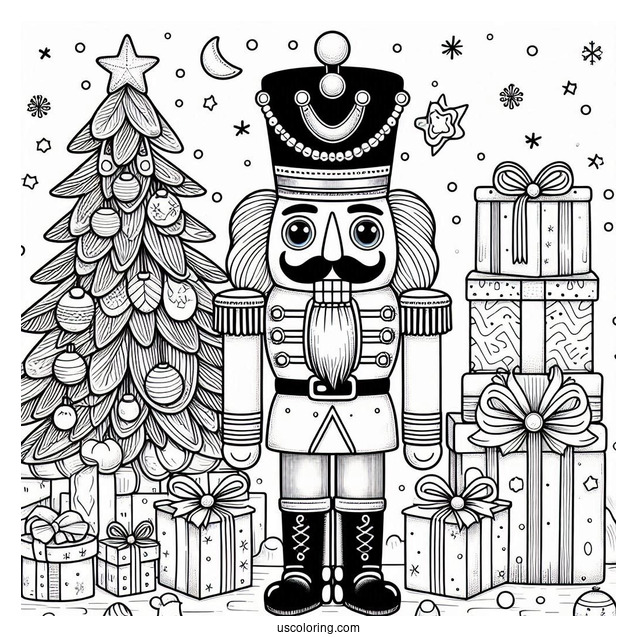 Detailed Nutcracker Coloring Page In Front Of Presents And Christmas Trees