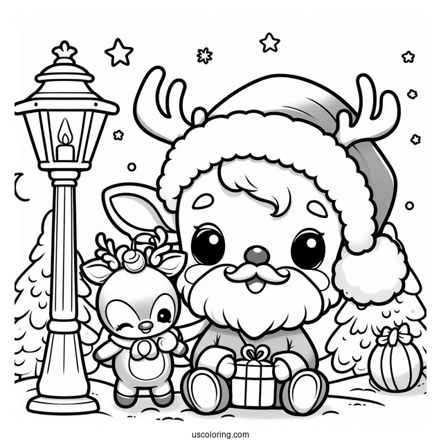 Chibi Rudolph Coloring Page And Santa Under A Lamppost For Preschoolers