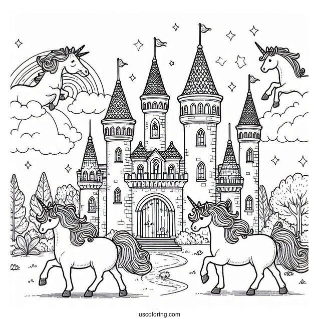 Unicorns Strolling Outside A Beautiful Castle Coloring Page