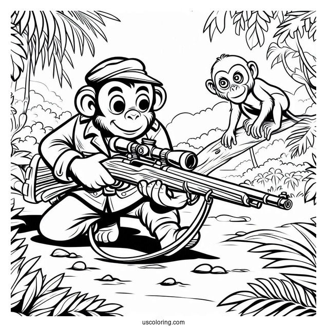 Monkey Creeping Up On Hunter With Gun In Jungle Coloring Page