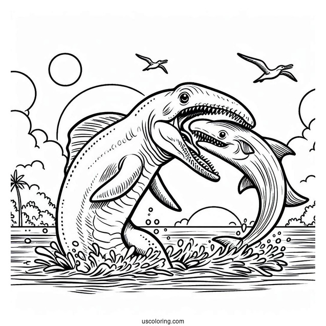 Spinosaurus Coloring Page Biting A River Dolphin