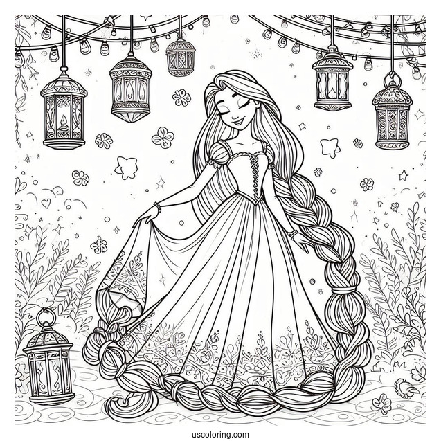 Princess Coloring Page Of Tangled Princess Rapunzel With Lanterns In Background