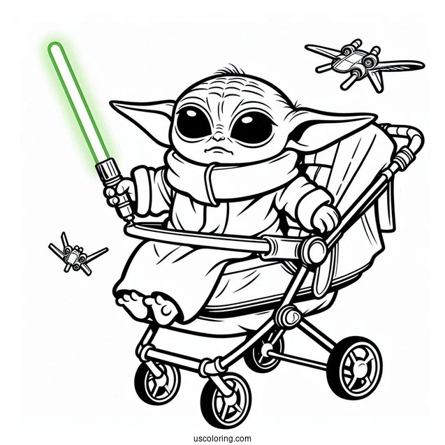 Coloring Sheet Of Baby Yoda In Hovering Pram
