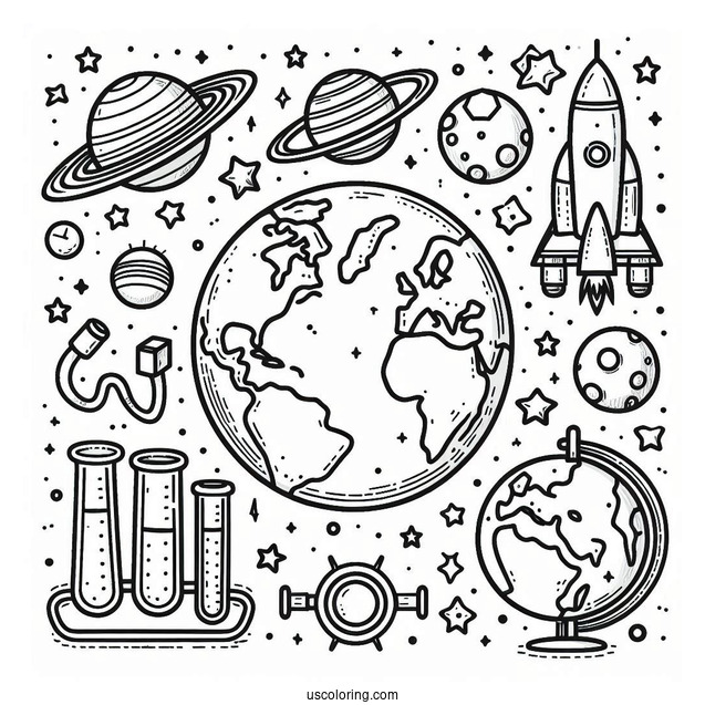 Simple Earth Surrounded By Rockets, Planets, Flasks, And Magnets Science Coloring Page