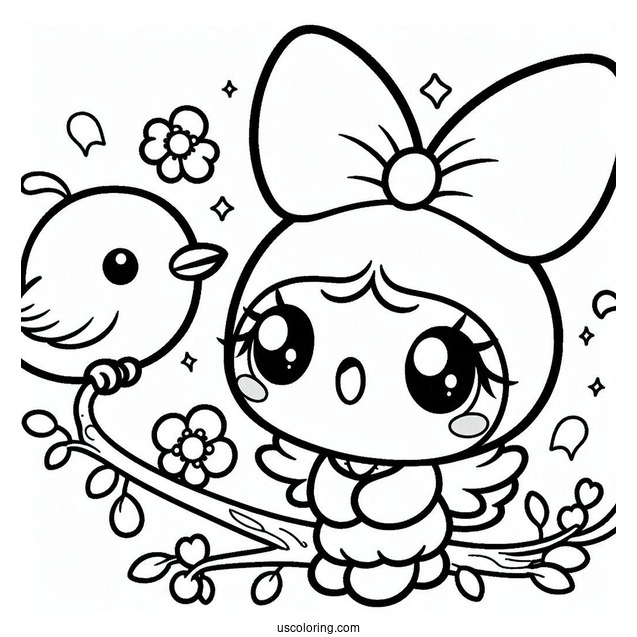 Kawaii My Melody Coloring Page Watching Bird