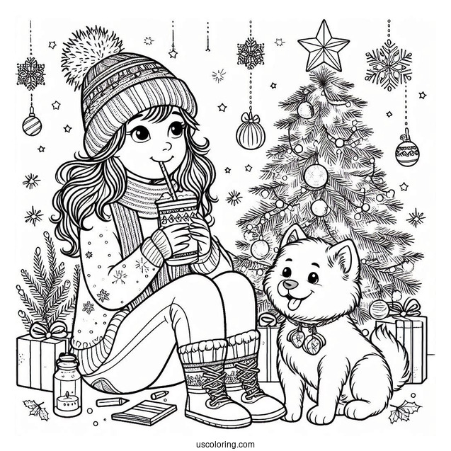 Christmas Coloring Pages For Adults Of Little Girl Drinking Hot Chocolate Next To The Christmas Tree With Her Dog