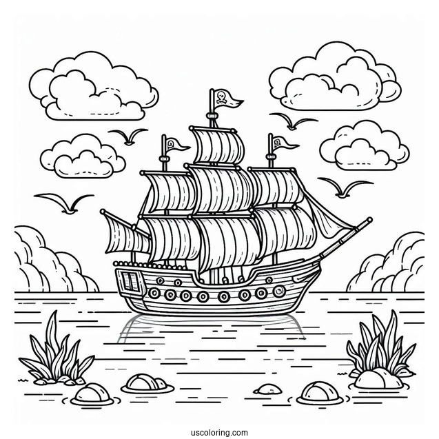 Pirate Ship Coloring Page On A Calm Sea For Kids