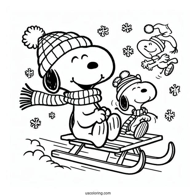 Woodstock And Snoopy Sledding During Christmas