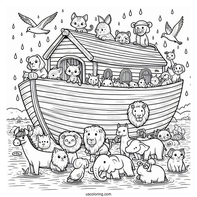 Noah's Ark Coloring Page Of Animals On The Ark During The Flood