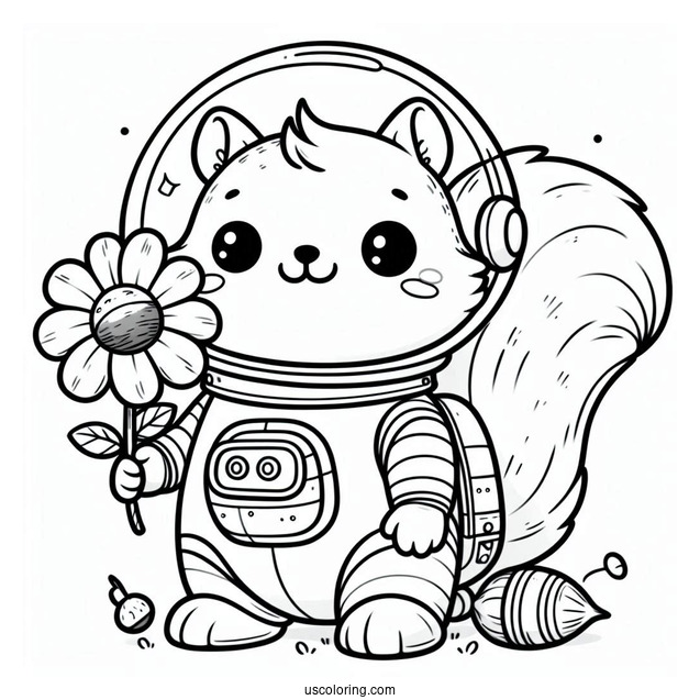 Cute Astronaut Squirrel Coloring Page With Flower And Chestnut