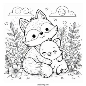 Cute Coloring Page Two Foxes Hugging A Pig