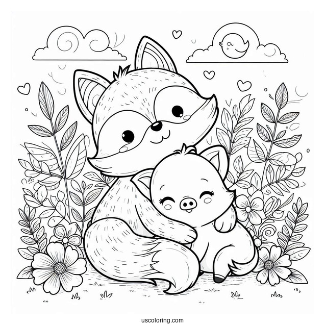 Cute Coloring Page Two Foxes Hugging A Pig