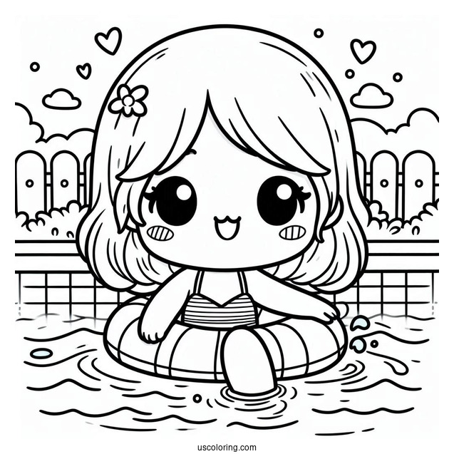 Kawaii Chibi Kids Swimming Coloring Page In The Pool For Kids