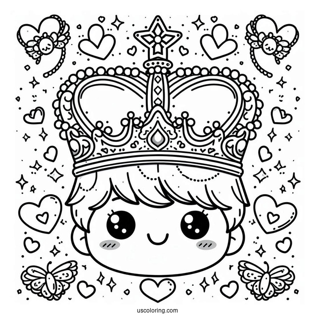 Playful Royal Crown Coloring Page Surrounded by Hearts and Stars For Kids