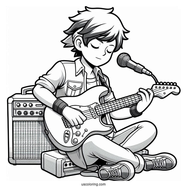 Sing Coloring Page Of Ash Playing Electric Guitar While Sitting On Amplifier