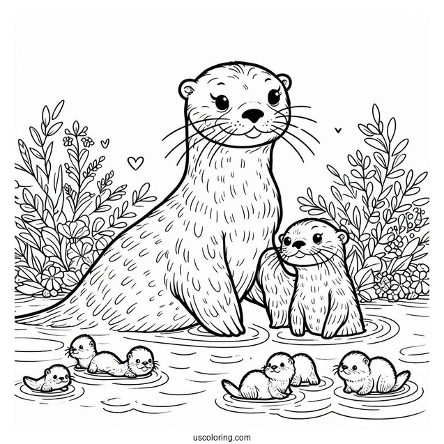 Mama And Papa Otter Coloring Page With Babies Floating On River