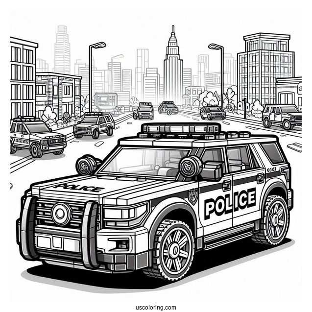 Detailed Lego Police Car Coloring Page Parked In The City