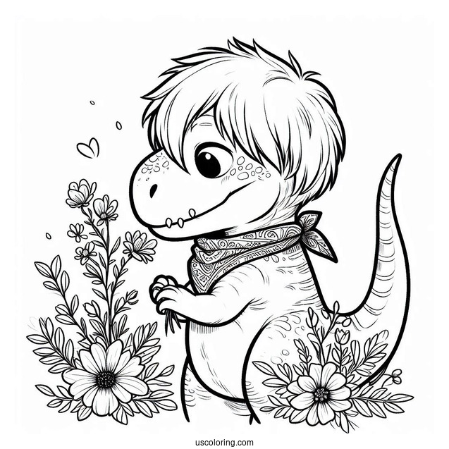 Baby T-Rex Smelling Flowers Coloring Sheet