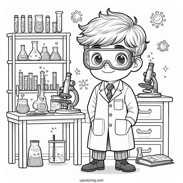Science Coloring Page Of Boy In Goggles And Lab Coat In A Science Laboratory