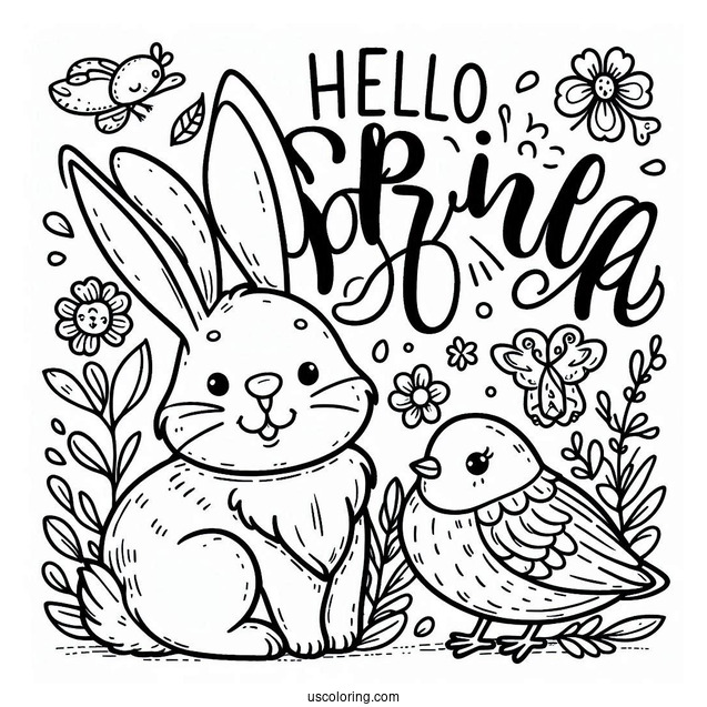 Hello Spring Words Above Rabbit And Bird In Spring Coloring Page