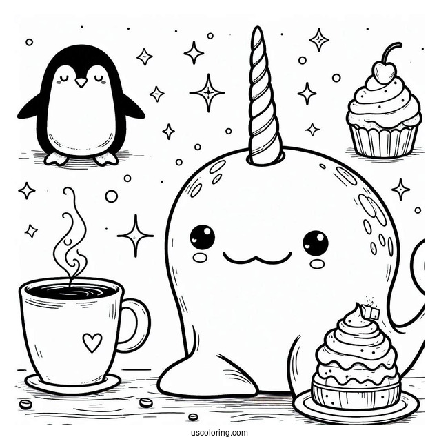 Narwhal Coloring Page Having Coffee With A Penguin
