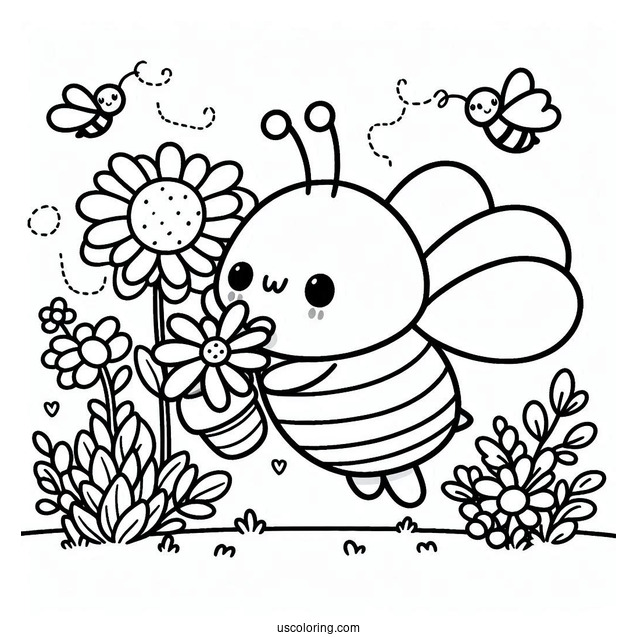 Kawaii Bee Coloring Page Collecting Flowers
