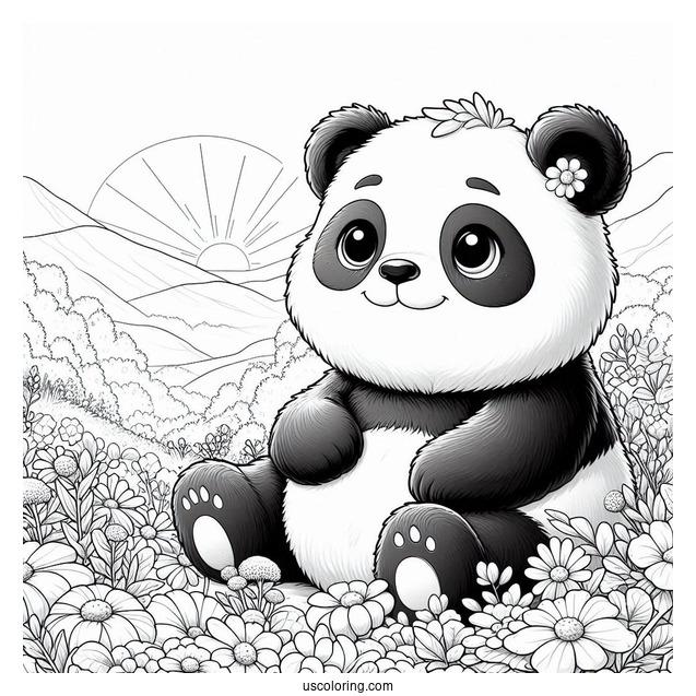 Realistic Panda Coloring Page Sitting in Flower Field with Sunrise in Background