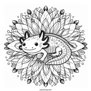 Axolotl Coloring Page At The Center Of A Flower Mandala