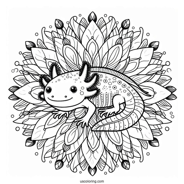 Axolotl Coloring Page At The Center Of A Flower Mandala