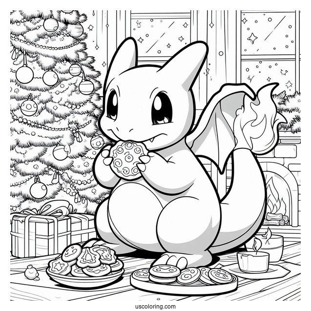 Pokemon Christmas Coloring Page Charizard Eating Cookies In Front Of Christmas Tree