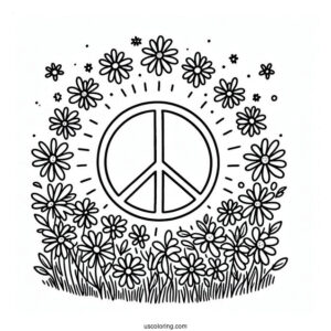Peace Coloring Page Of Sign On A Flower Field Made Of Daisies
