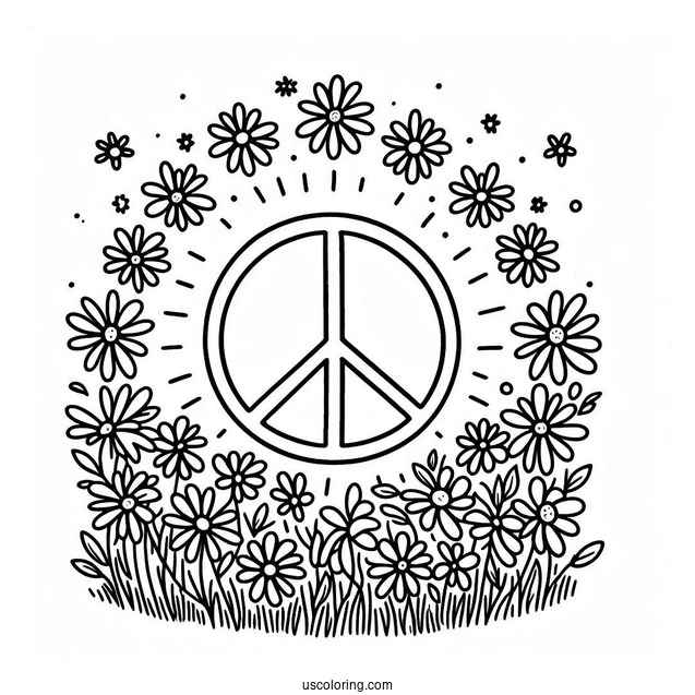 Peace Coloring Page Of Sign On A Flower Field Made Of Daisies