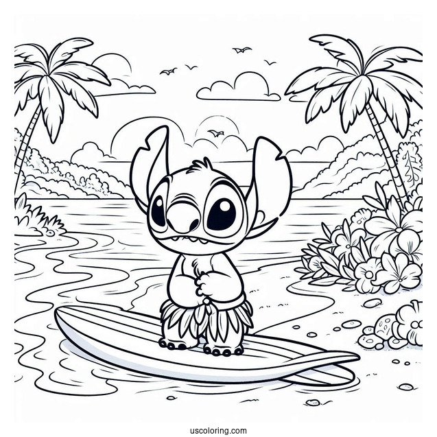 Lilo & Stitch Coloring Page Of David At The Beach With His Surfboard