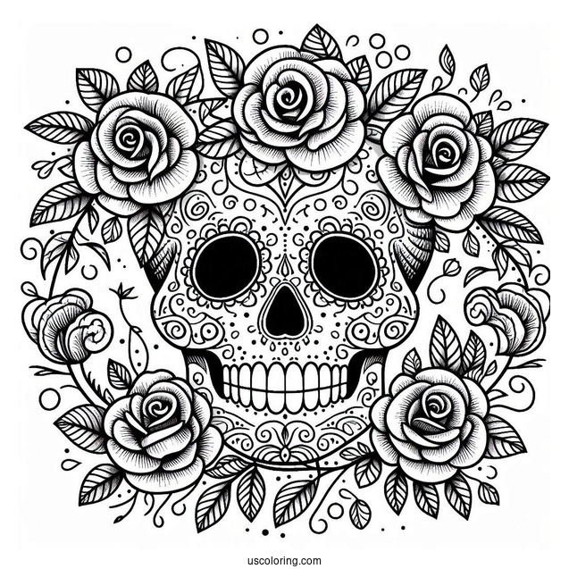 Smiling Sugar Skull Coloring Page Rose Wreath With Leaf Patterns