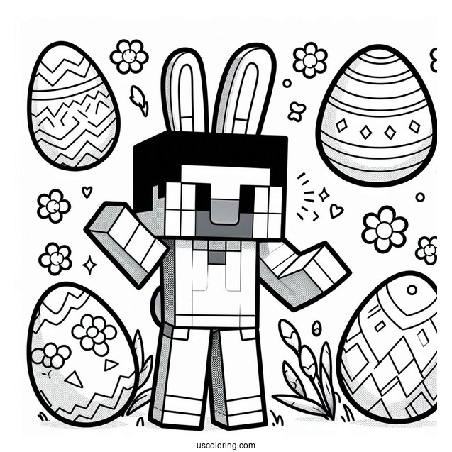 Minecraft Steve With Bunny Ears And Easter Coloring Page Of Eggs