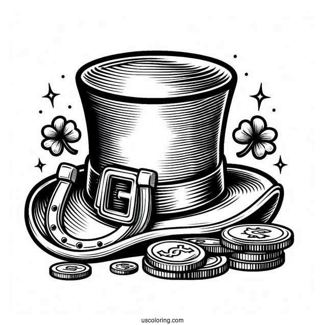 St Patrick_s Hat With Gold Coins And Horseshoe To Color