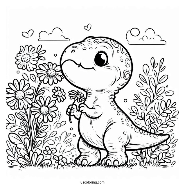 Baby T-Rex Smelling Flowers Coloring Sheet