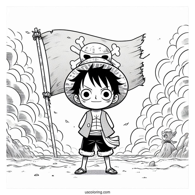 Luffy Coloring Page Standing In Front Of Straw Hat Pirate Flag With Mist