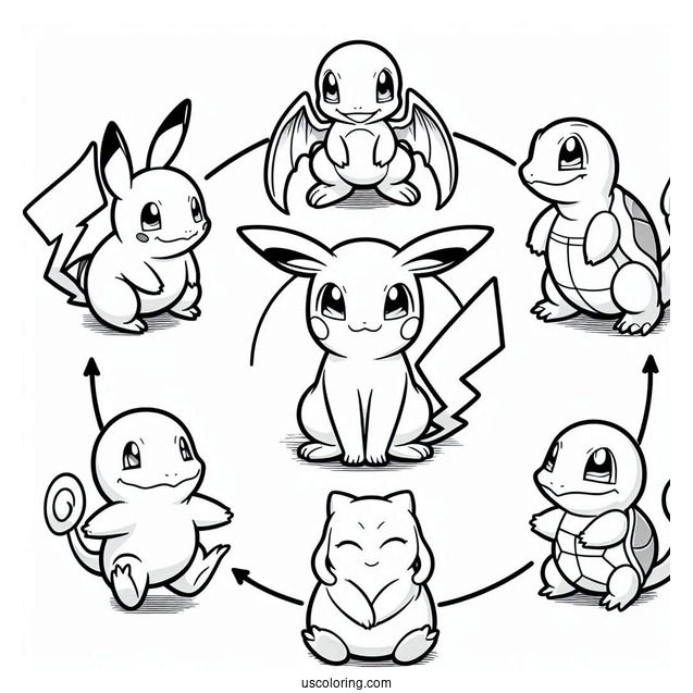 Pikachu, Charmander, Bulbasaur, Squirtle, And Mew Coloring Page In A Circle