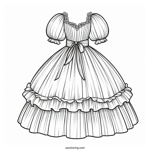 Long Dress Coloring Page With Puff Sleeves And Layered Skirt Coloring Page